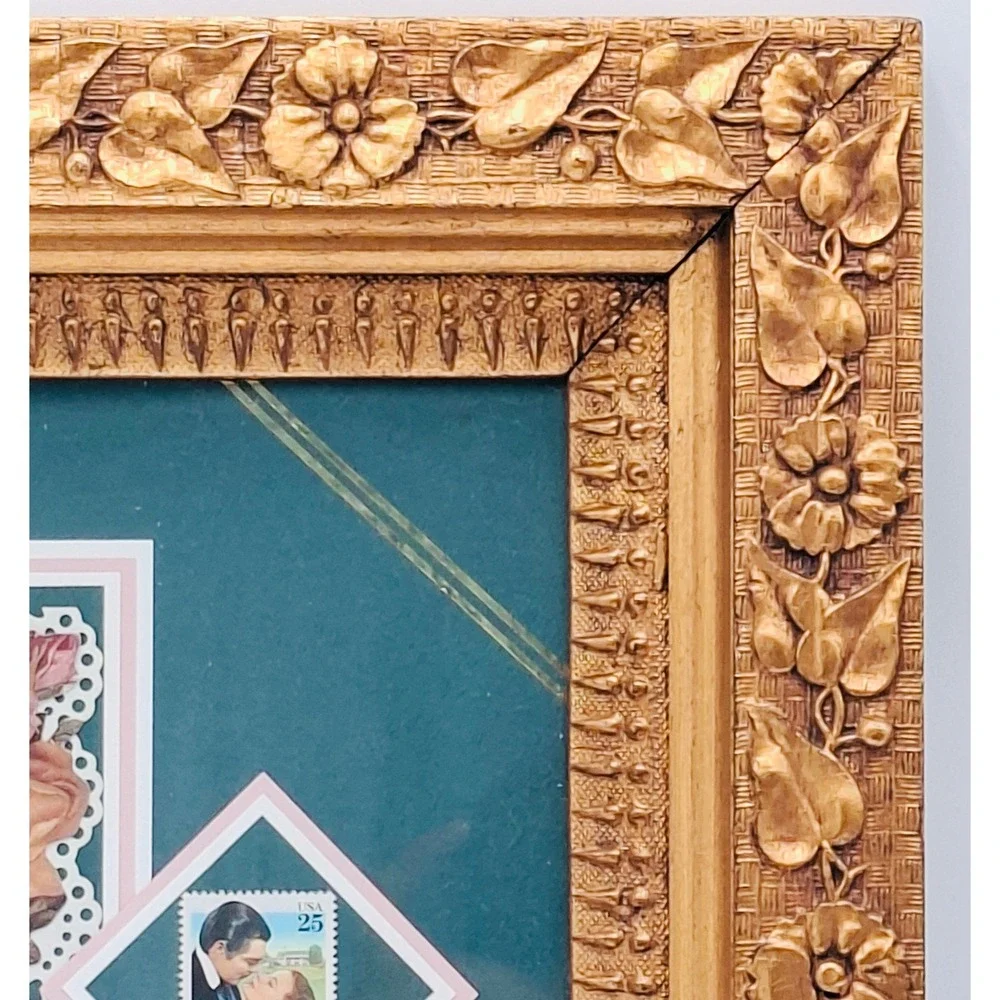 Vintage Gone With the Wind 25c Stamp Framed Rose Art Ornate Gold Frame 15x13